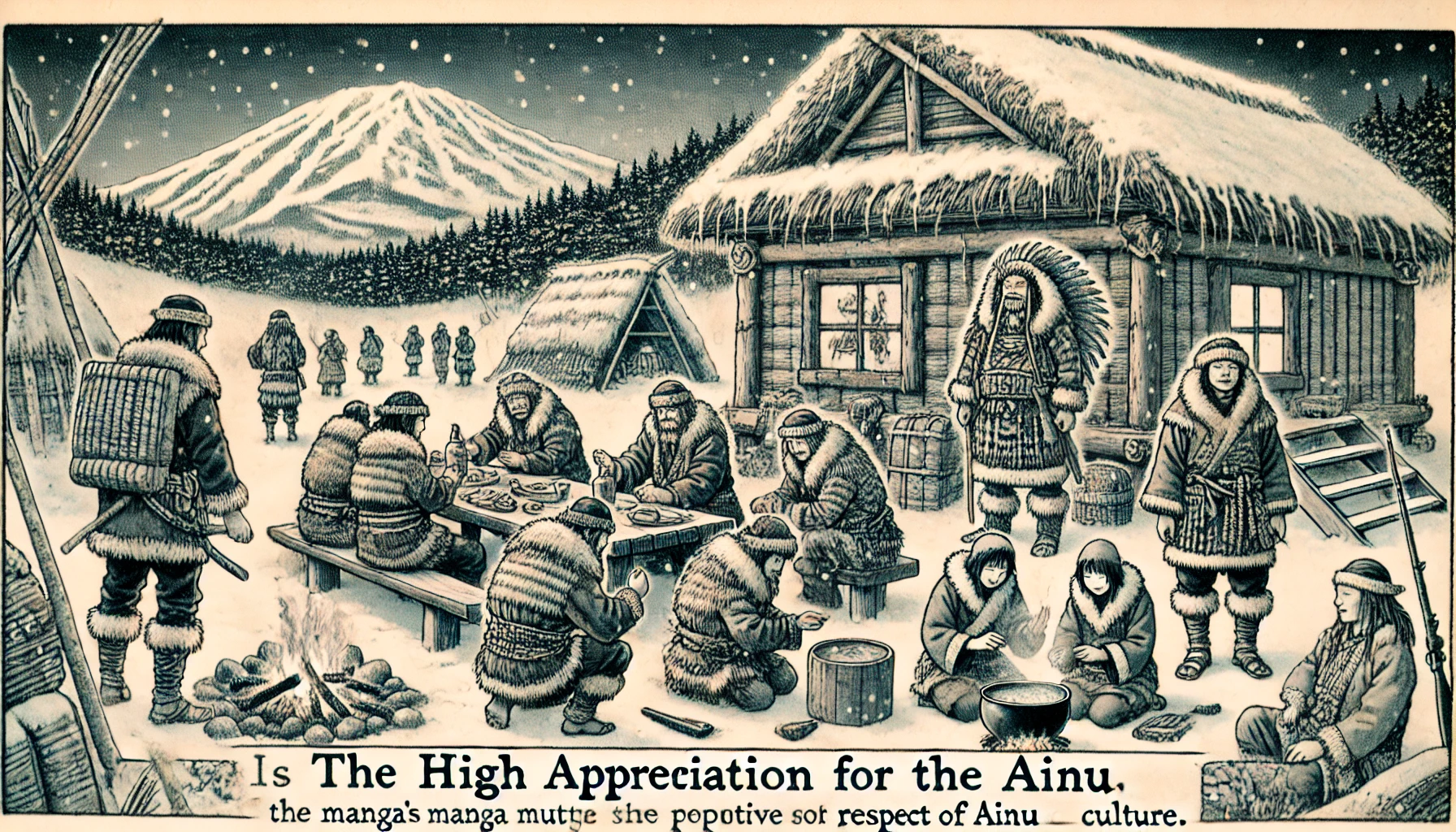 An illustration of the high appreciation for Ainu culture as depicted in the final chapter of a manga set in Meiji-era Hokkaido. Ainu characters, wearing traditional clothing, are shown performing cultural rituals or engaged in activities like hunting or cooking in a snowy wilderness. The background features snowy mountains and traditional Ainu huts, with expressive details showing respect for the culture. This scene emphasizes the positive reception of the manga's portrayal of Ainu traditions.