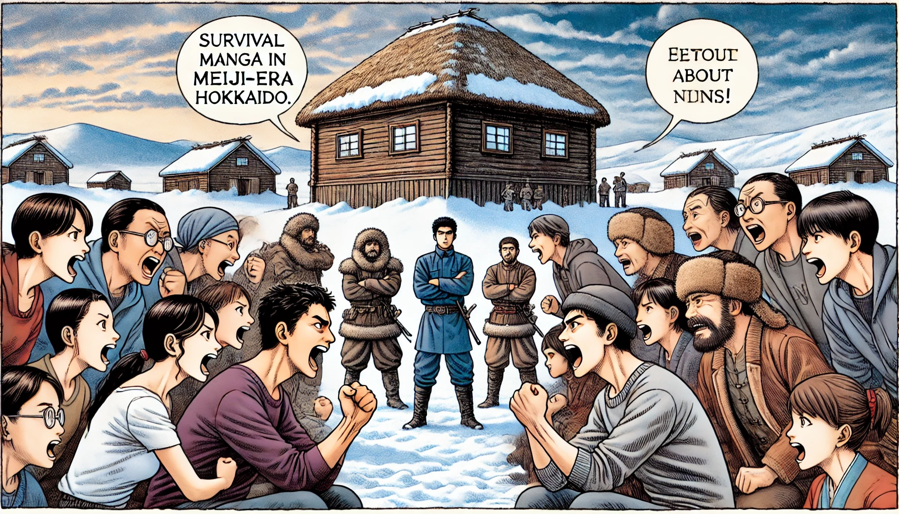 An illustration showing fans of a survival manga set in Meiji-era Hokkaido engaged in passionate discussions and debates. The background features two fans on either side, one group appearing critical while the other seems supportive. Snowy landscapes, traditional Ainu huts, and manga books are visible in the background, emphasizing the connection between the story’s setting and the readers’ emotional reactions. The characters should be Japanese, dressed in contemporary clothing, symbolizing the modern discussions around the manga's final chapter.