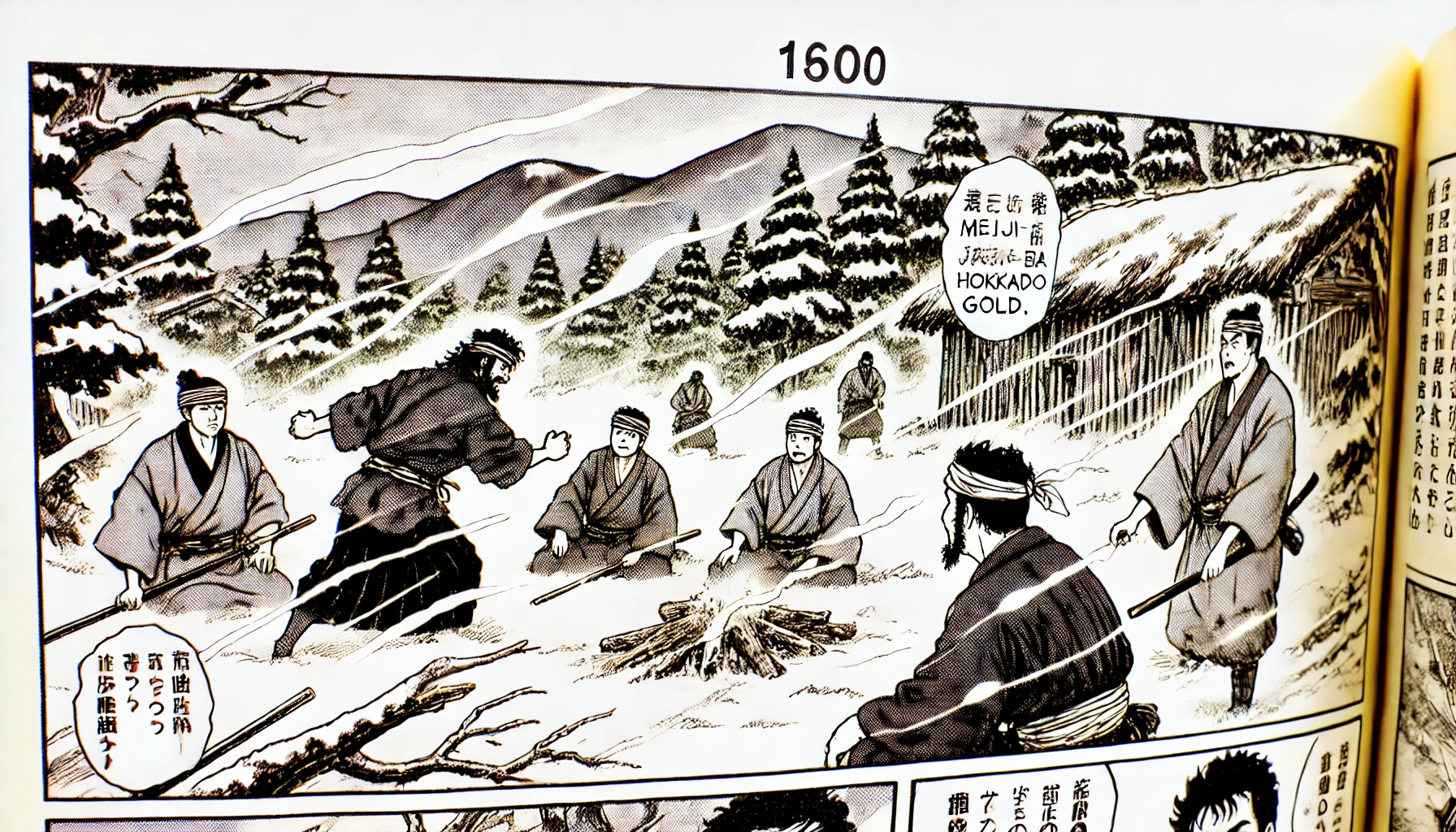 A scene from a survival manga set in Meiji-era Hokkaido, showing rugged Japanese characters involved in a tense standoff over gold. The background is a harsh, snowy wilderness with mountains and forests typical of Hokkaido. A group of men is engaged in a confrontation, with one person holding a map, indicating the location of hidden gold. The atmosphere is intense, with snow swirling and traditional Meiji-period clothing visible. The scene should capture the raw survival aspect of the story.