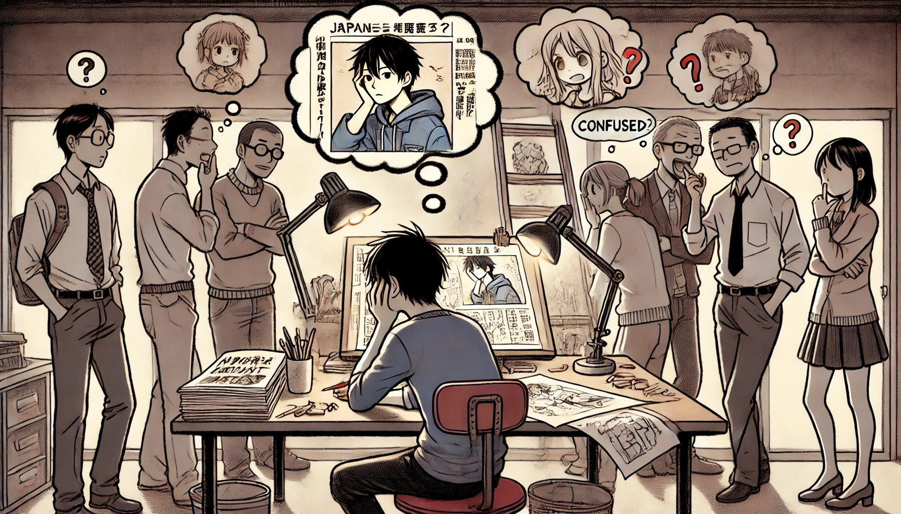 A scene illustrating the misconception of a Japanese manga artist's death. The image shows the artist's workspace, with unfinished sketches left on the desk, and people gossiping or sharing rumors. A confused atmosphere is present, with thought bubbles showing the misunderstanding of the manga artist's status.