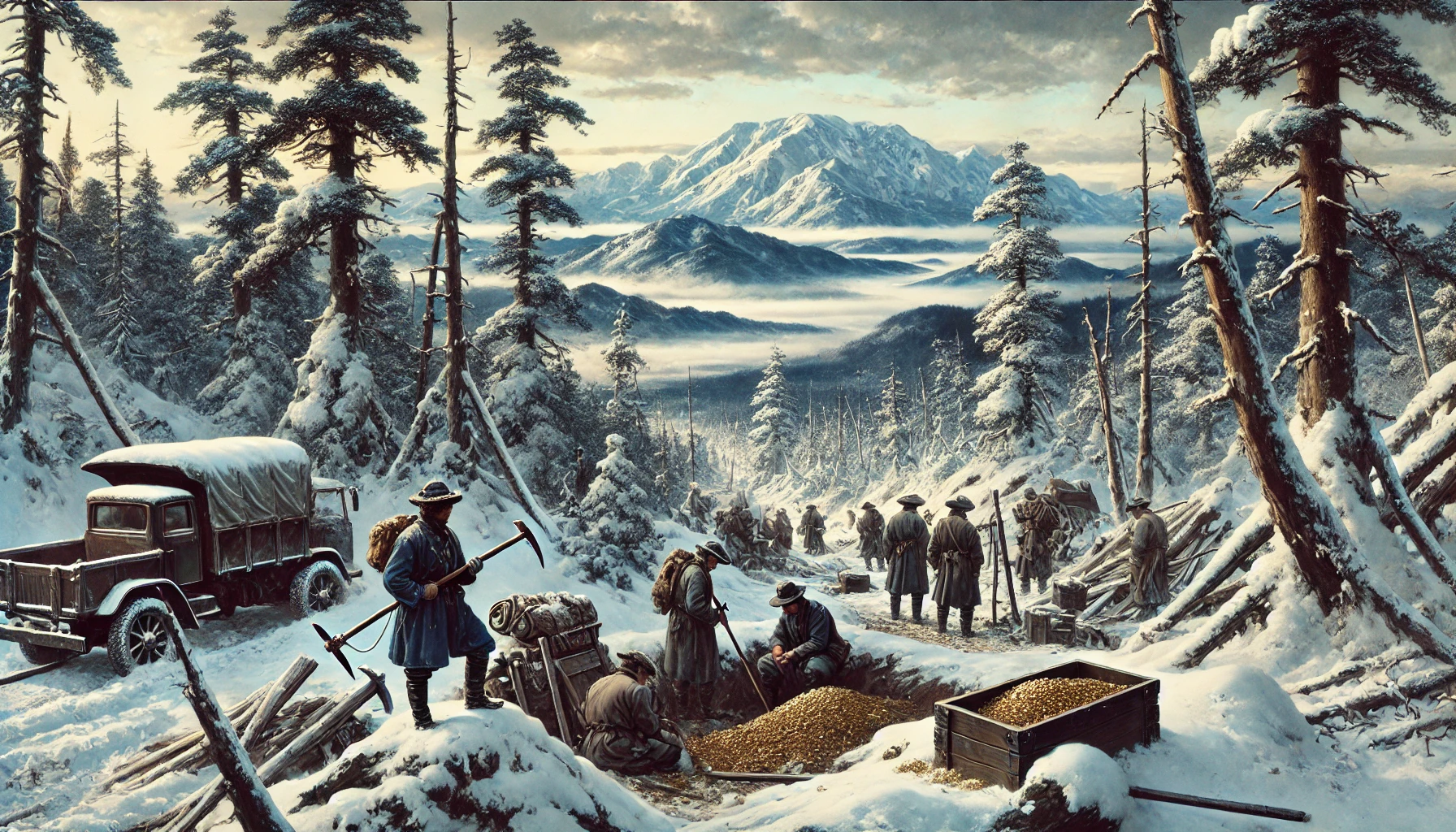 A scene from Meiji-era Hokkaido, depicting a rugged, snowy landscape with towering pine trees and distant mountains. In the foreground, a group of gold prospectors, clad in traditional Japanese Meiji-era clothing, are digging for gold, surrounded by snow-covered equipment. The sky is overcast, casting a cold, harsh light on the scene, highlighting the struggle for survival in the wilderness.