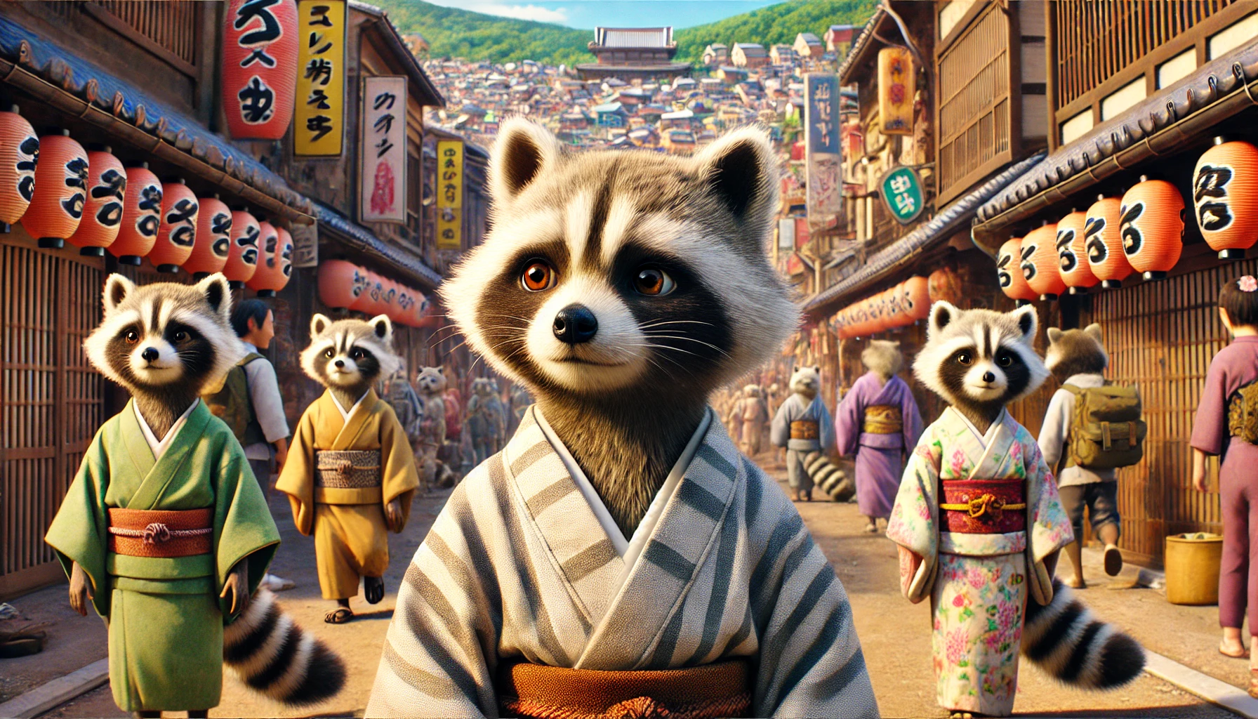 A detailed animated-style scene from a Japanese animated movie showing raccoons (tanuki) transforming into human forms, wearing traditional Japanese clothes and walking into a bustling human town. The raccoons have curious and cautious expressions, observing the city life with a mix of awe and apprehension, symbolizing their attempt to adapt and coexist. The atmosphere captures the clash between nature and urban life, with vibrant town scenery in the background. 16:9 aspect ratio.