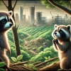 A detailed animated-style scene from a Japanese animated movie showing raccoons (tanuki) struggling in a forest environment as they observe human urban development encroaching. The raccoons display expressions of sadness and determination, with a mix of natural scenery and distant construction in the background. The mood is somber and reflective, capturing the emotional challenge of resisting human expansion. 16:9 aspect ratio.