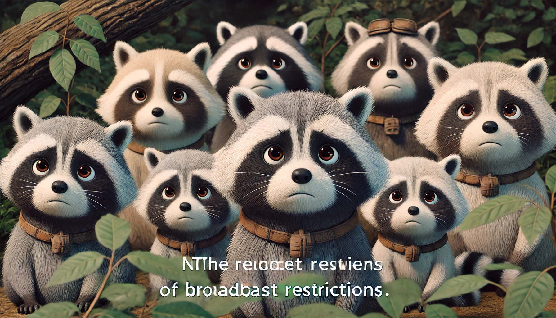 A detailed animated-style scene from a Japanese animated movie showing raccoons (tanuki) expressing worry and sadness, reacting to news of broadcast restrictions on their story. They are gathered together in a natural forest setting with a mix of puzzled and disappointed expressions. The mood is reflective, symbolizing the impact of censorship or restricted storytelling on the tanuki's narrative. 16:9 aspect ratio.