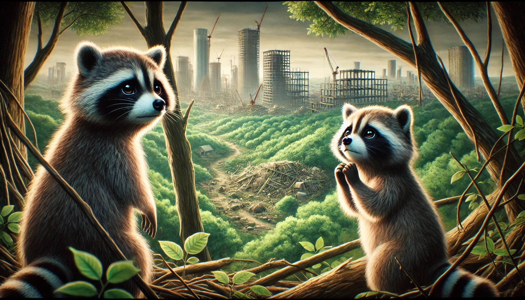 A detailed animated-style scene from a Japanese animated movie showing raccoons (tanuki) struggling in a forest environment as they observe human urban development encroaching. The raccoons display expressions of sadness and determination, with a mix of natural scenery and distant construction in the background. The mood is somber and reflective, capturing the emotional challenge of resisting human expansion. 16:9 aspect ratio.