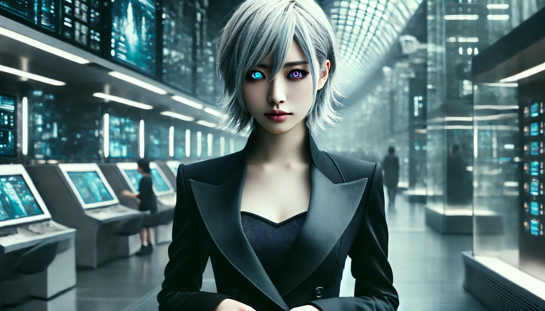 A Japanese woman with distinctive silver hair and heterochromatic eyes (one blue and one transparent), dressed in a sleek black outfit, standing confidently in a high-tech urban environment. The image is horizontal, 16:9 aspect ratio, highlighting her mysterious and powerful aura.