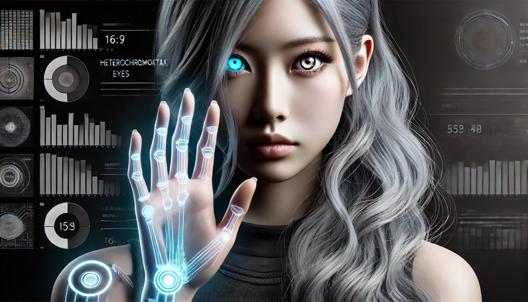 A Japanese woman with distinctive silver hair and heterochromatic eyes (one blue and one transparent) in a mysterious and futuristic setting, showcasing her strong physical abilities and intelligent aura. The image should be horizontal, 16:9 aspect ratio, and emphasize her unique and striking appearance.