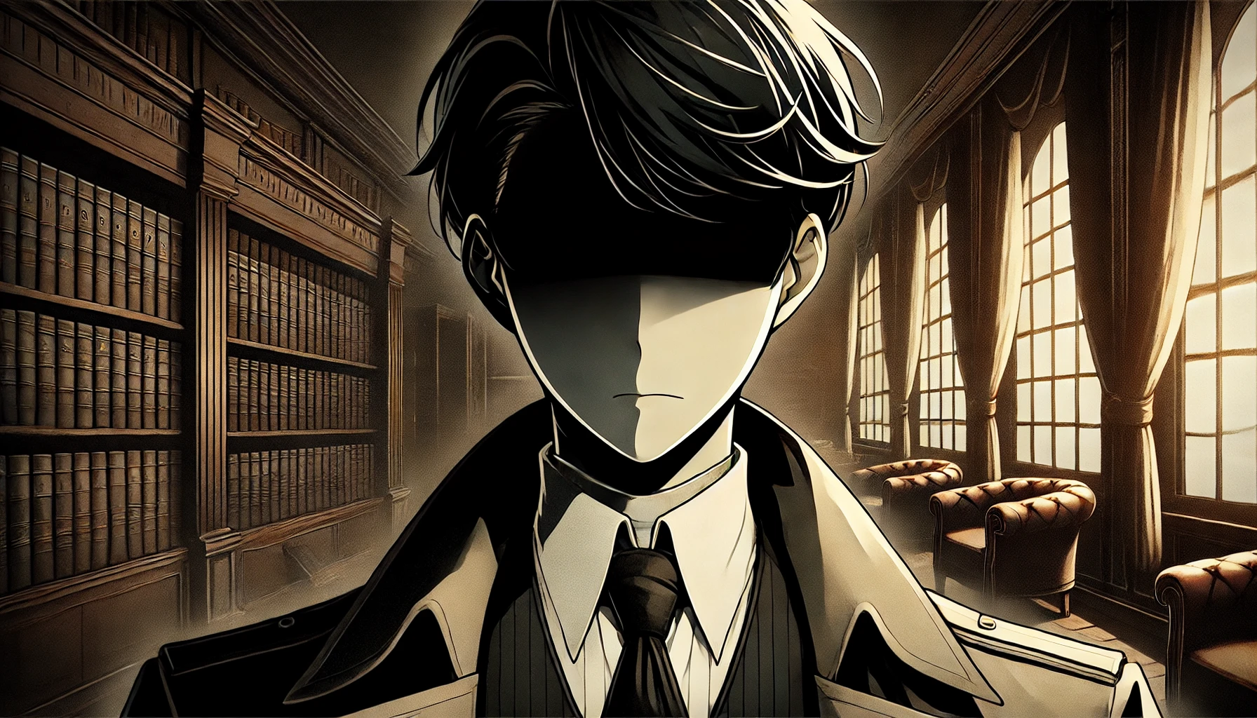 An illustration of a mysterious character from a detective anime, whose face is blacked out to maintain secrecy. The character is wearing a formal suit in a dimly lit, suspenseful setting with an air of enigma. The background has subtle hints of a grand office or study, featuring bookshelves and shadows, emphasizing the mystery of the character. The overall tone is dramatic and mysterious, suitable for a detective story. The image is in a 16:9 wide aspect ratio.