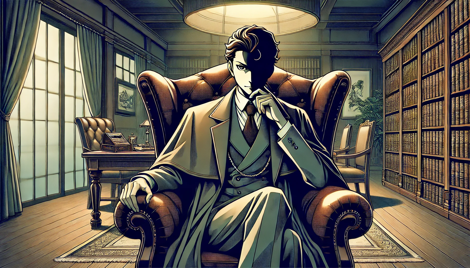 An illustration of a mysterious character from a detective anime, now revealed as an elderly Japanese man with sharp features. He is wearing a traditional formal suit and sitting in a luxurious chair, exuding an air of authority and secrecy. The background is a grand office with dim lighting, bookshelves, and a large desk, reflecting a sense of wealth and mystery. The image is in a 16:9 wide aspect ratio.