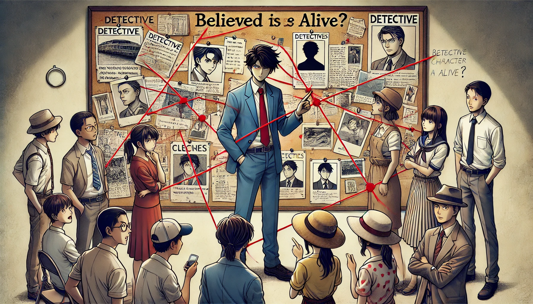 An illustration of a detective anime scene with fans speculating about a mysterious character believed to be alive. The background shows a bulletin board filled with clues, photos, and red string connections, representing a detective investigation. The scene features a group of people in casual attire, including a young Japanese man and woman, pointing to the board and discussing theories. The atmosphere is intense and filled with intrigue. The image is in a 16:9 wide aspect ratio.