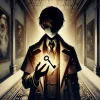 An illustration of a mysterious character from a detective anime with hidden secrets. The character is shown standing in a dark hallway, holding a key that glows faintly, symbolizing a hidden truth. The background features an intricate pattern of shadows and faint engravings on the walls, suggesting a place filled with secrets and history. The character's face is partially obscured, adding an air of enigma. The image is in a 16:9 wide aspect ratio.