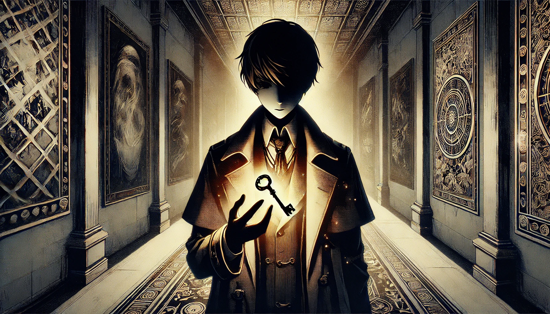 An illustration of a mysterious character from a detective anime with hidden secrets. The character is shown standing in a dark hallway, holding a key that glows faintly, symbolizing a hidden truth. The background features an intricate pattern of shadows and faint engravings on the walls, suggesting a place filled with secrets and history. The character's face is partially obscured, adding an air of enigma. The image is in a 16:9 wide aspect ratio.