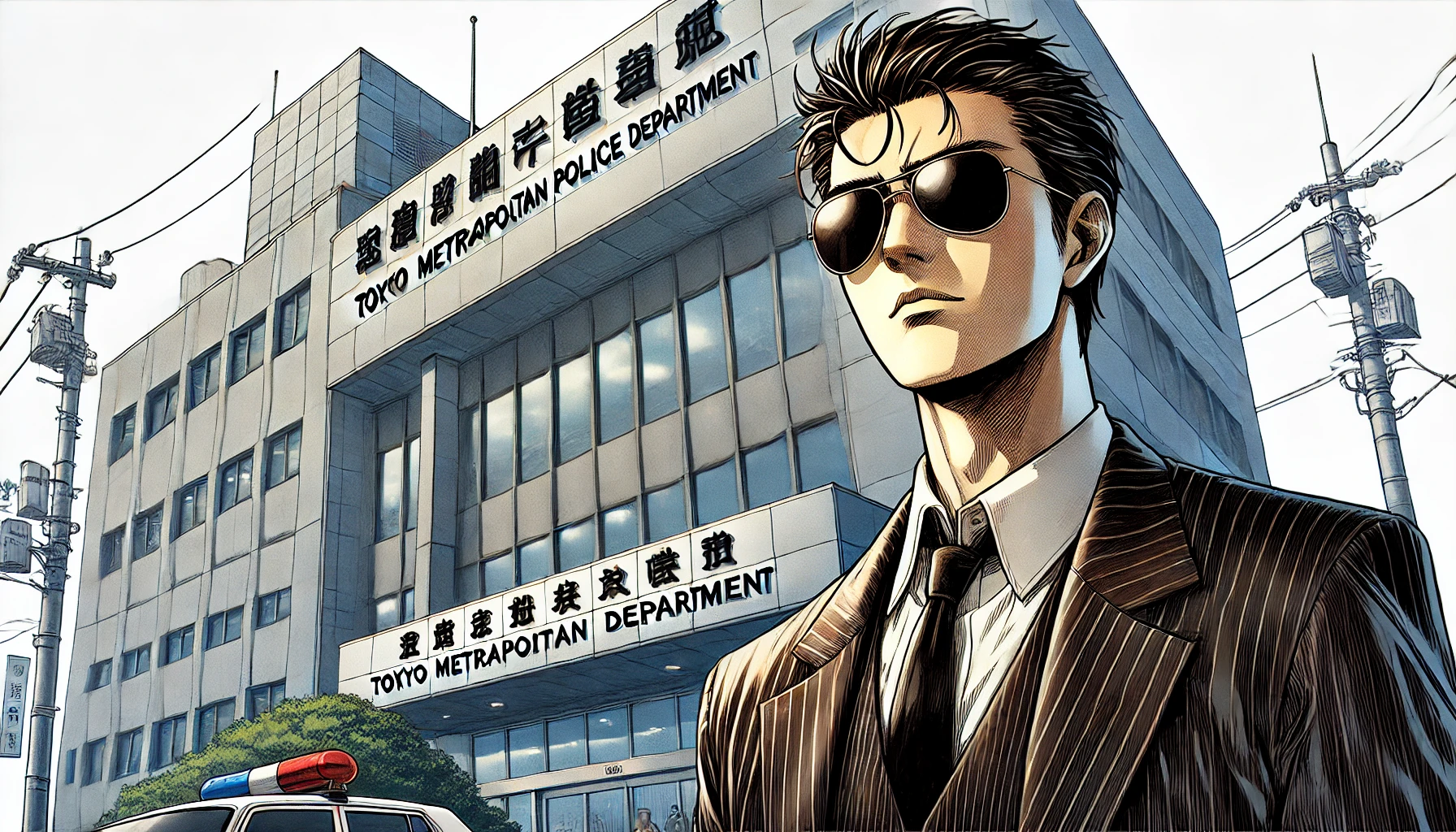 A Japanese detective with a cool and aloof personality wearing sunglasses, standing in front of the Tokyo Metropolitan Police Department building, depicted in an anime style, cinematic and detailed, with a focused expression. 16:9 aspect ratio, horizontal.