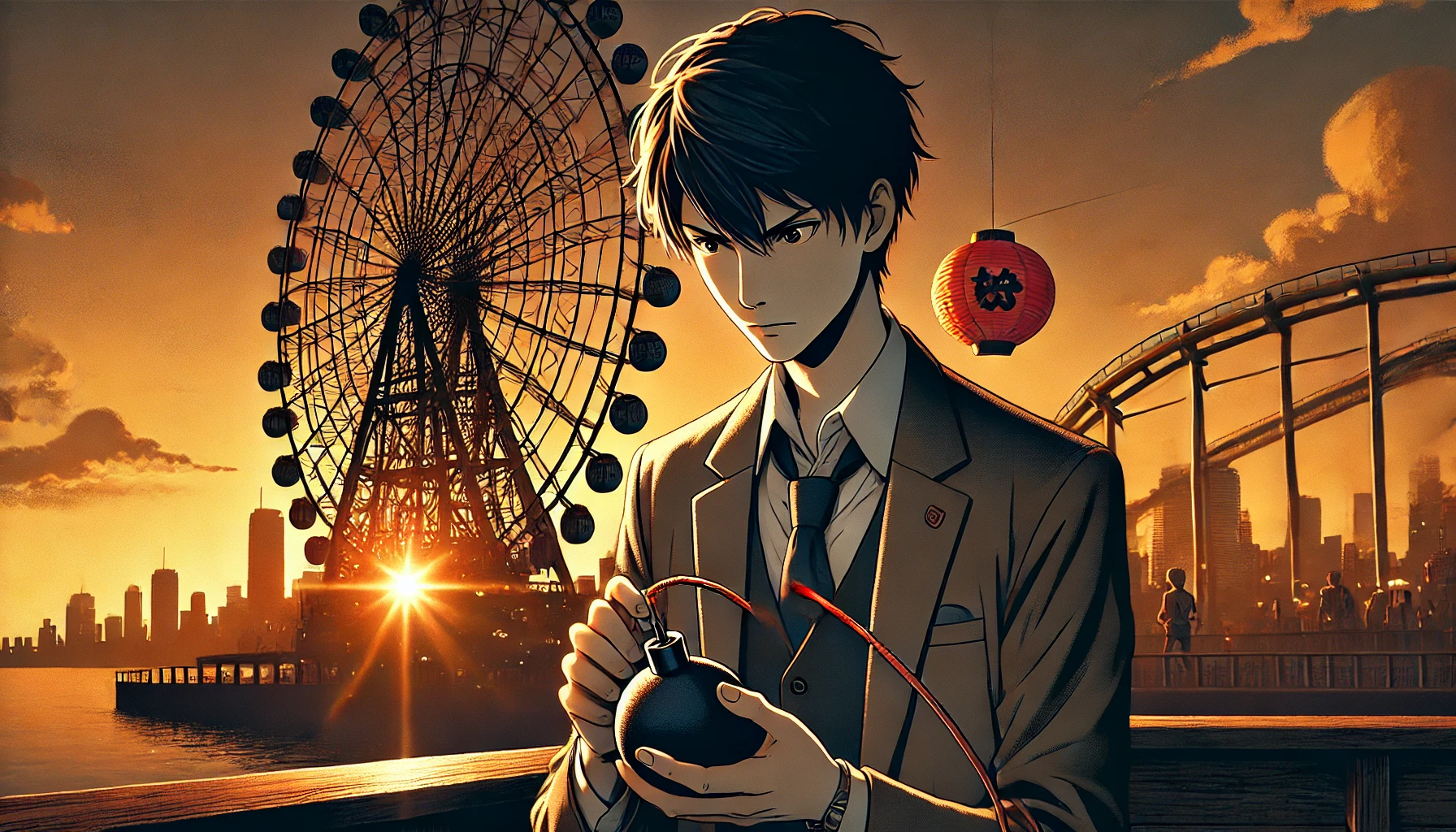 A Japanese detective with a cool and aloof personality in a dramatic scene, defusing a bomb in a Ferris wheel at sunset, depicted in anime style, cinematic and emotional, 16:9 aspect ratio, horizontal.