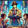 A group of fans discussing theories about a Japanese detective with a cool and aloof personality, depicted in anime style, cinematic and detailed, with a vibrant cityscape background, 16:9 aspect ratio, horizontal.