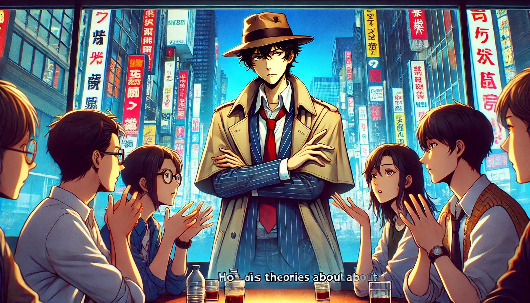 A group of fans discussing theories about a Japanese detective with a cool and aloof personality, depicted in anime style, cinematic and detailed, with a vibrant cityscape background, 16:9 aspect ratio, horizontal.