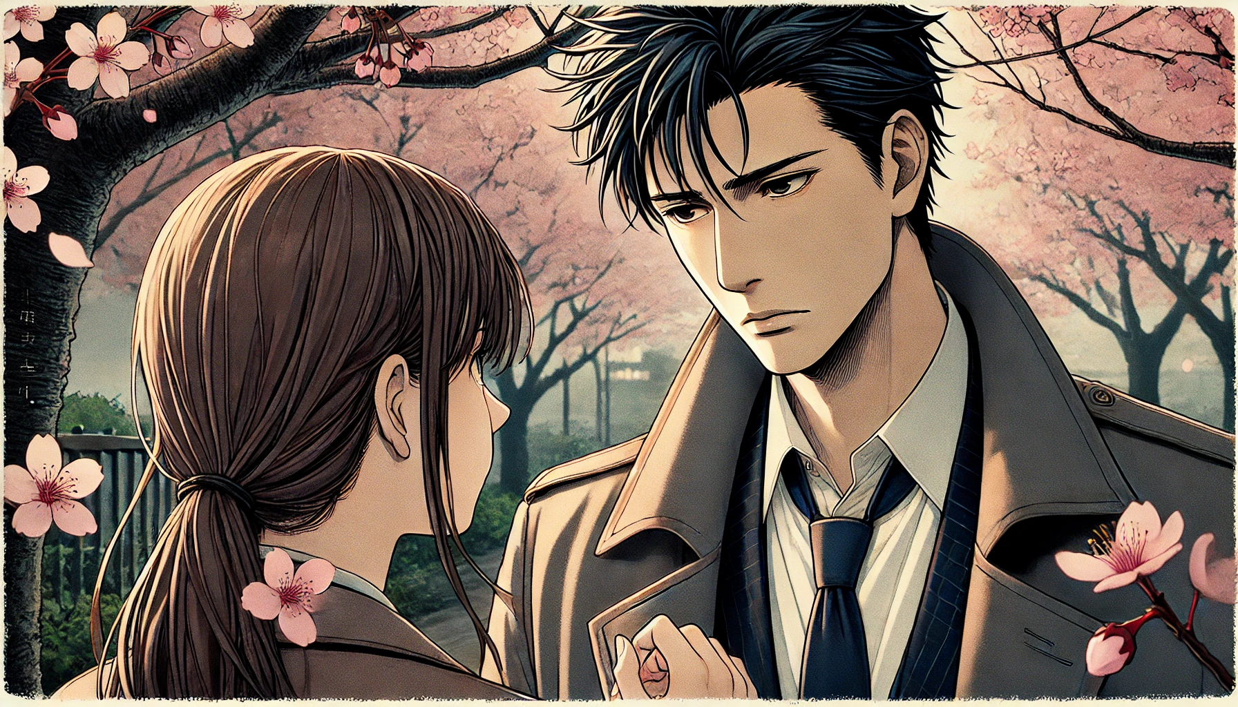 A Japanese detective with a cool and aloof personality meeting a young woman in a park, an emotional and romantic atmosphere, depicted in anime style, cinematic, with a cherry blossom backdrop, 16:9 aspect ratio, horizontal.