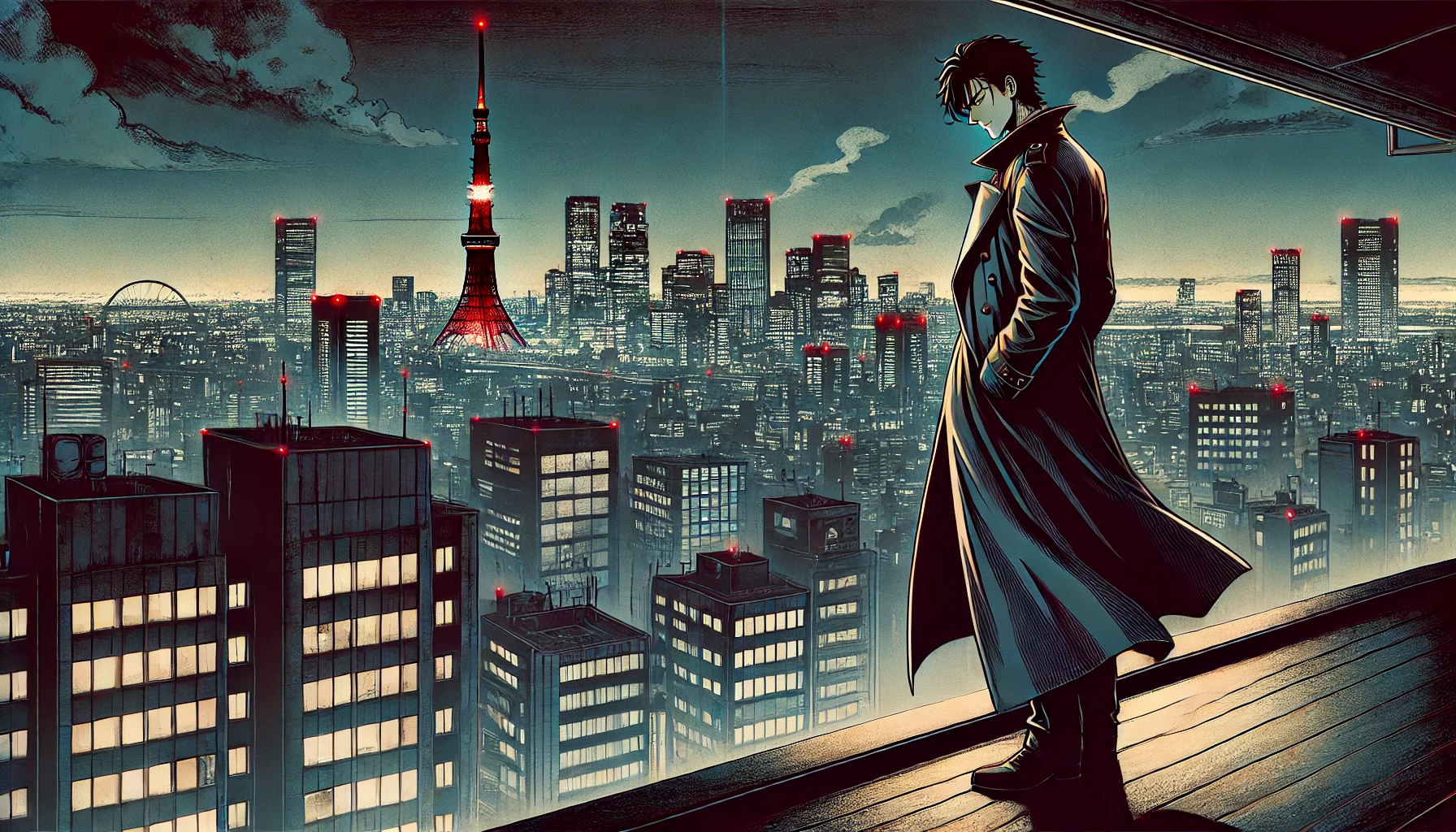 A dramatic illustration of a Japanese detective character from a manga-inspired setting, standing on a rooftop overlooking a modern city at night. The character wears a flowing trench coat and has a thoughtful expression, as if contemplating a deep mystery. The cityscape below features illuminated skyscrapers, blinking red tower lights, and faintly visible clouds, adding a suspenseful and introspective tone. The composition is horizontal (16:9) and conveys anticipation and intrigue.