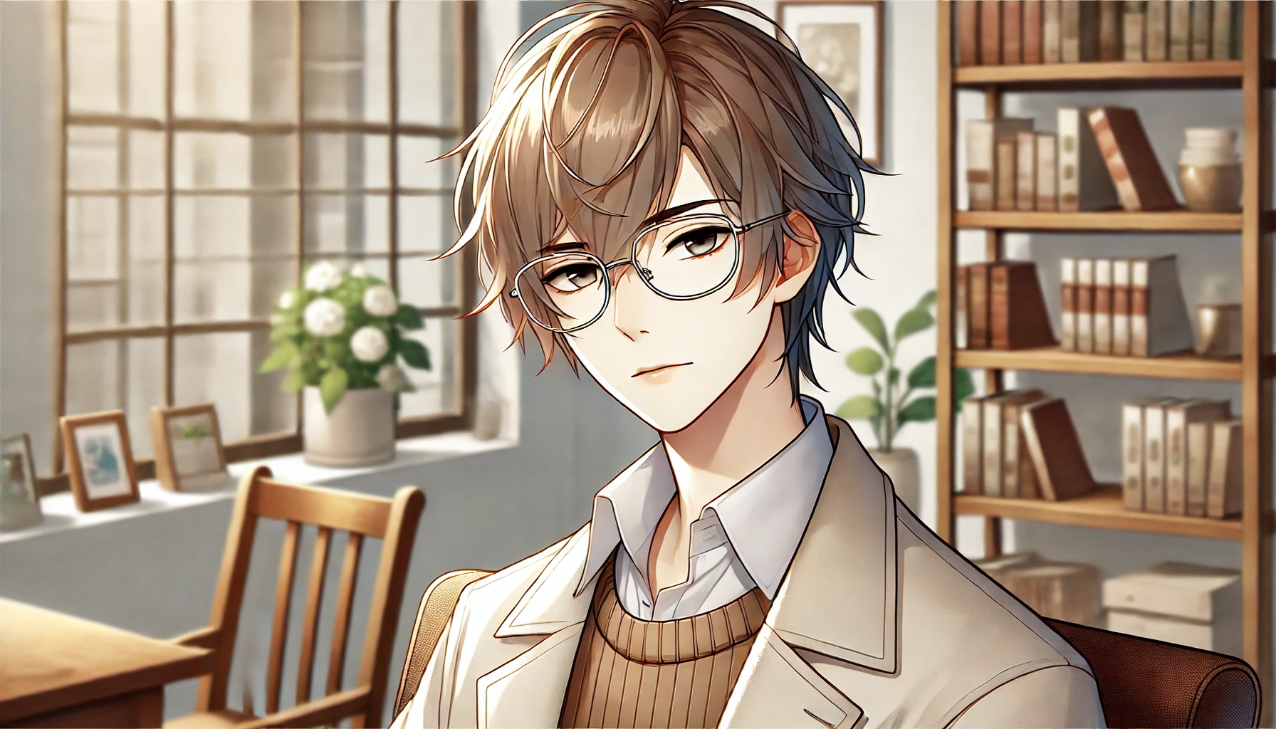 A cool and intelligent-looking Japanese male character with light brown hair, wearing thin silver-framed glasses, depicted in an anime-inspired style. He is sitting in a cozy room with bookshelves in the background, showcasing his observant and thoughtful personality. The image should be horizontal (16:9) and highly detailed.