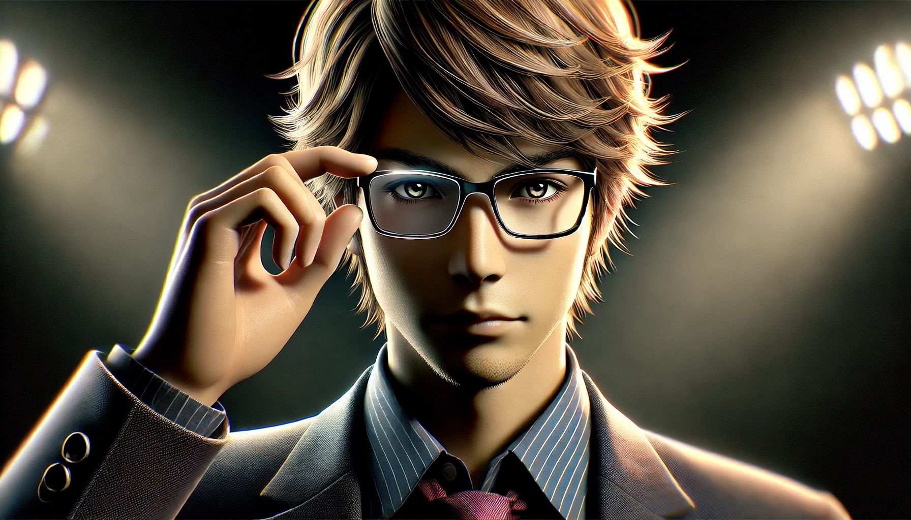 A Japanese male character with light brown hair and thin silver-framed glasses in an anime-inspired style, revealing his true identity in a dramatic scene. The background is dark with intense lighting highlighting his thoughtful expression. The image should be horizontal (16:9) and highly detailed.