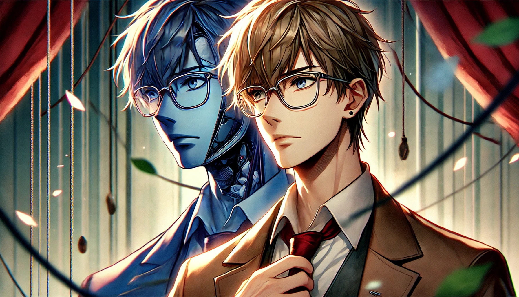 A Japanese male character with light brown hair and thin silver-framed glasses in an anime-inspired style, showcasing the moment of realization about his hidden identity. The scene is set in a dramatic and suspenseful atmosphere with vibrant details. The image should be horizontal (16:9).