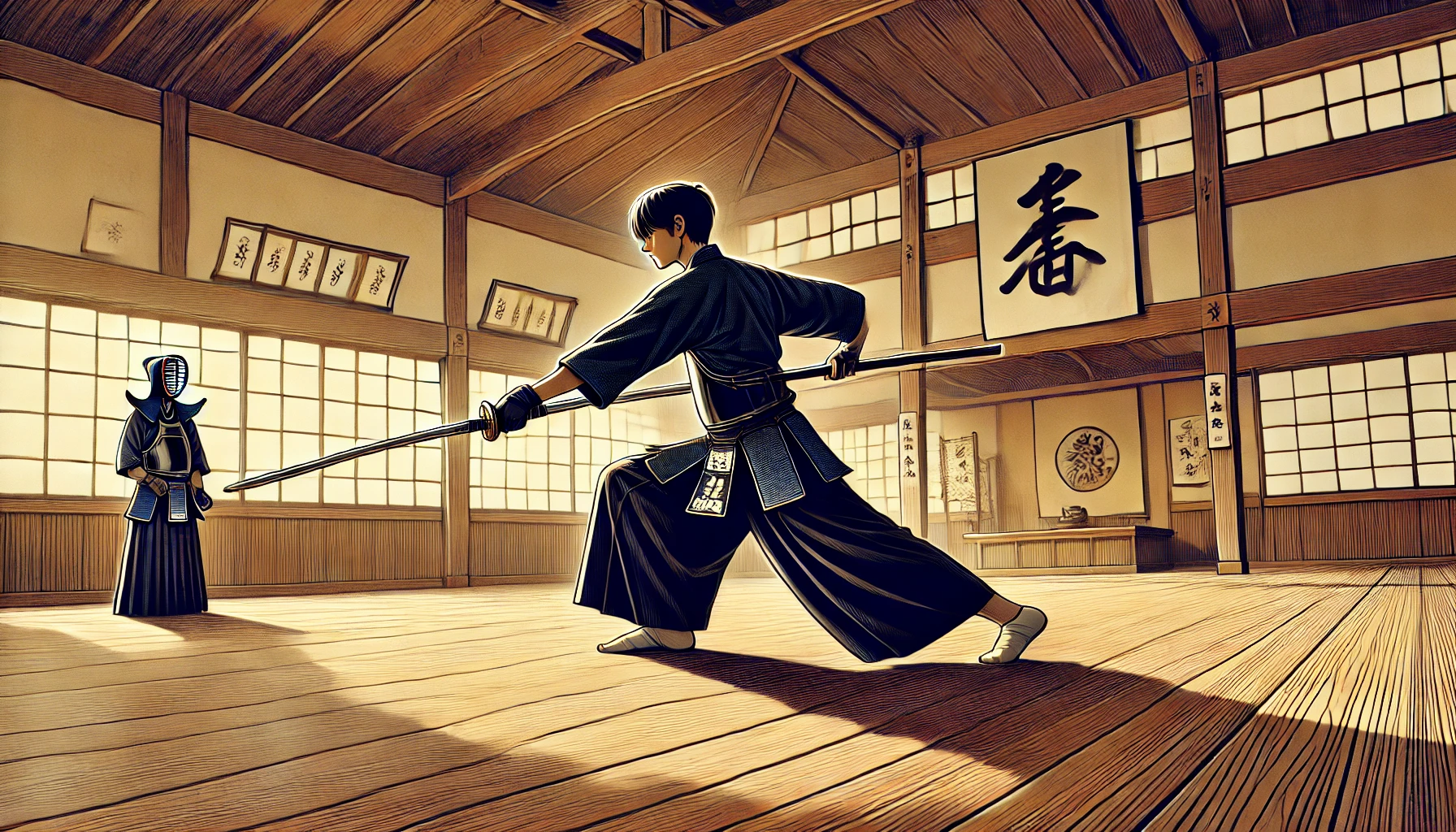 A captivating illustration of a Japanese high school student practicing kendo passionately in a traditional dojo setting, with a serene atmosphere and wooden flooring. The student is wearing a kendo uniform and holding a shinai (bamboo sword). The background features traditional Japanese calligraphy scrolls and natural light streaming through the windows. Horizontal composition, 16:9 ratio.