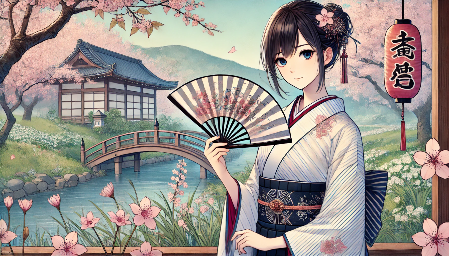 A serene illustration of a Japanese high school girl with a contemplative expression, holding a traditional Japanese fan. The setting is a beautiful garden with cherry blossoms in full bloom and a small bridge in the background. She is wearing a modern school uniform with traditional elements. Horizontal composition, 16:9 ratio.