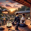 An enchanting scene featuring a young Japanese high school boy and girl sitting together on a wooden veranda overlooking a traditional Japanese garden at sunset. The boy has a kendo uniform beside him, while the girl holds a small handmade charm. The garden includes stone lanterns and a koi pond. Horizontal composition, 16:9 ratio.