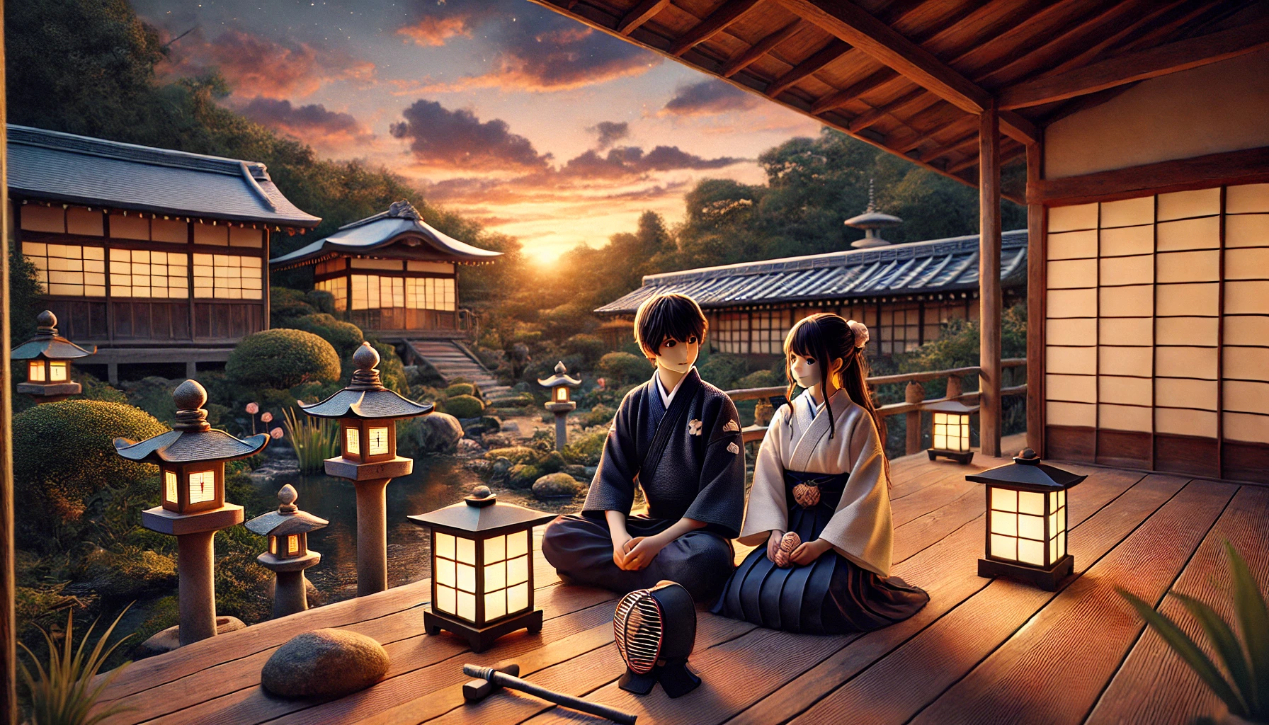 An enchanting scene featuring a young Japanese high school boy and girl sitting together on a wooden veranda overlooking a traditional Japanese garden at sunset. The boy has a kendo uniform beside him, while the girl holds a small handmade charm. The garden includes stone lanterns and a koi pond. Horizontal composition, 16:9 ratio.