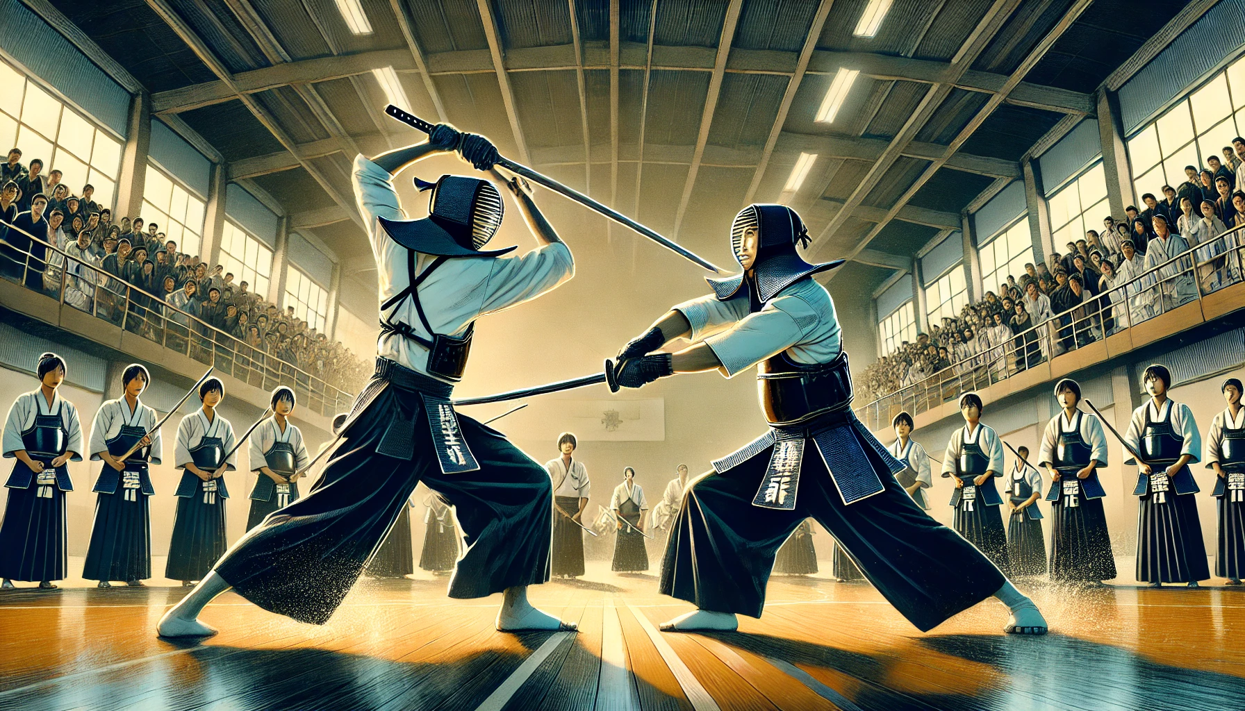 A dramatic illustration of a Japanese high school kendo match in action, featuring two students clashing their shinai in an intense moment. The setting is a large gymnasium filled with spectators. One student is visibly passionate, while the other remains composed. Horizontal composition, 16:9 ratio.