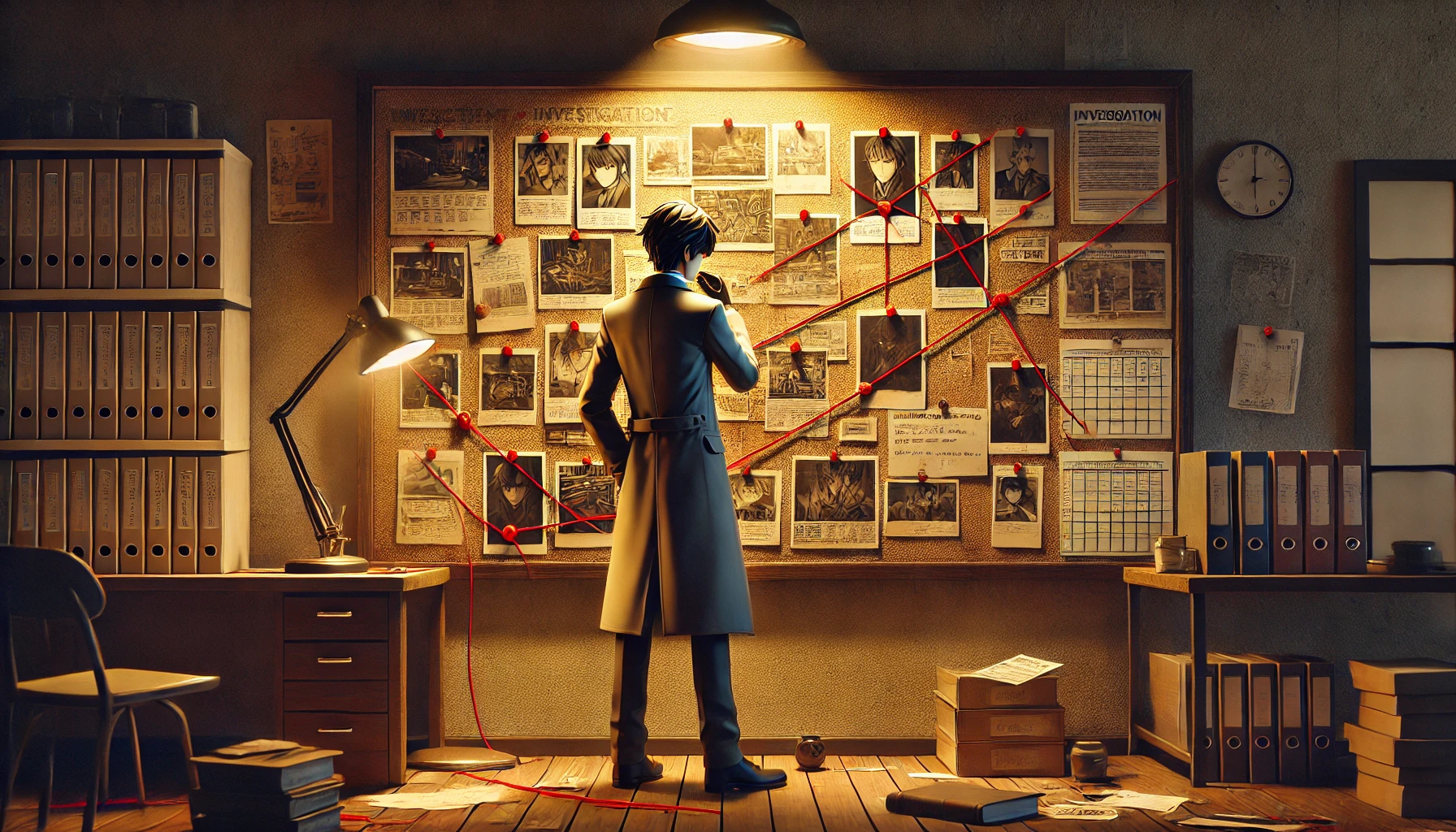 A manga-inspired scene featuring a Japanese detective character standing inside a dimly lit investigation room. The character is analyzing a large corkboard filled with photos, notes, and red string connecting clues. The atmosphere is tense and focused, with scattered files and a glowing desk lamp adding realism. The character is dressed in a stylish yet practical suit. The composition is horizontal (16:9) to emphasize the investigative setting.