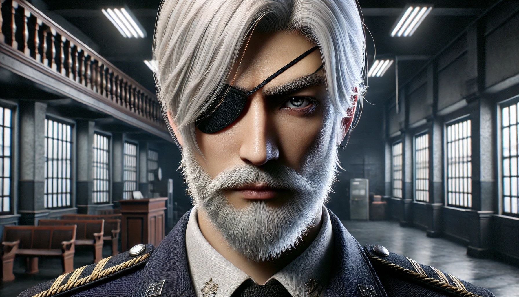 A Japanese male character with a tall and imposing presence, featuring white hair, a white beard, and an intense gaze with one eye covered by an eyepatch or showing as an artificial eye. The character is wearing a professional police uniform and standing in a realistic, detailed police station setting. The atmosphere is serious and mysterious. 16:9 aspect ratio.