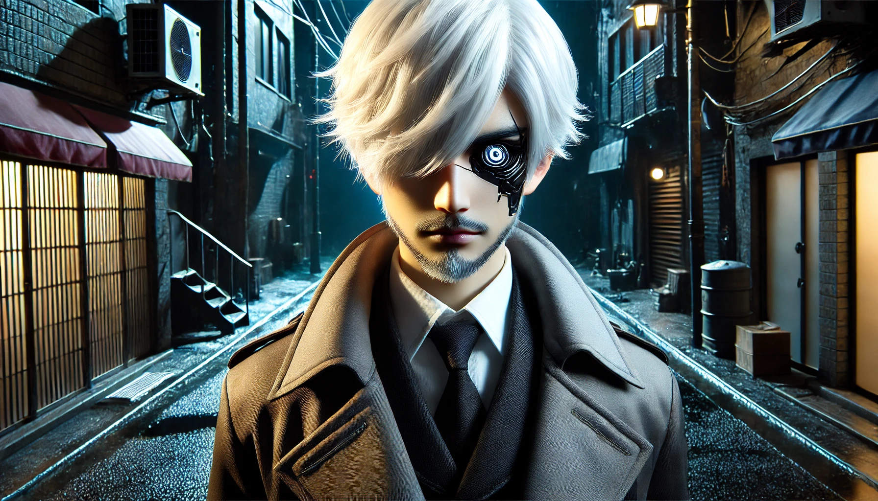 A Japanese male character with white hair, a white beard, and a striking artificial eye, standing in a dramatic and dark urban street. The background showcases dimly lit alleys and a mysterious atmosphere, reflecting his complex persona. The character is dressed in a police trench coat, exuding authority and mystique. 16:9 aspect ratio.