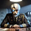 A mysterious Japanese male character with white hair and beard, wearing a high-ranking police uniform. He is in an interrogation room, illuminated by a single overhead light, with files and a badge on the table. His artificial eye glimmers subtly, adding intrigue. The setting is realistic, creating a tense and professional atmosphere. 16:9 aspect ratio.