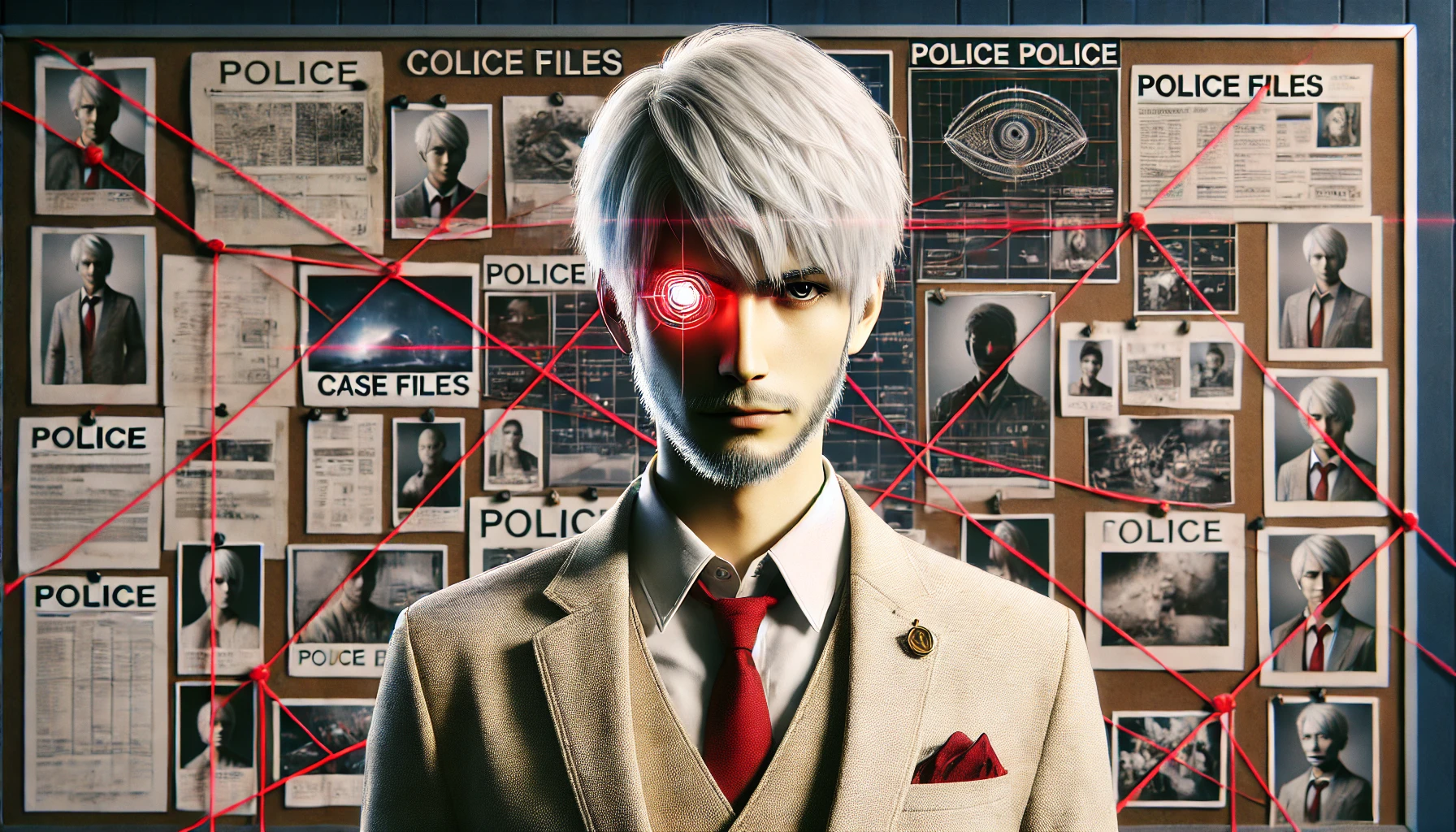 A tall Japanese male character with white hair and a white beard, standing against a detailed police board filled with case files, photos, and red strings connecting clues. The artificial eye and his intense gaze highlight his intelligence and authority. The room has a modern yet intense investigative vibe. 16:9 aspect ratio.