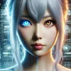 A Japanese woman with silver hair and heterochromatic eyes (one blue and one transparent), standing in front of a glowing, futuristic control panel, exuding a mysterious and commanding presence. The image is horizontal, 16:9 aspect ratio, highlighting her hidden secrets and enigmatic aura.