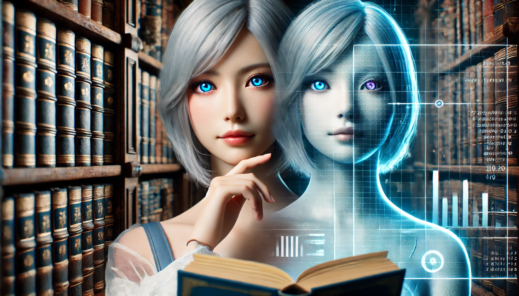 A Japanese woman with silver hair and heterochromatic eyes (one blue and one transparent), depicted in a serene, futuristic library setting, holding a holographic book with a thoughtful expression. The image is horizontal, 16:9 aspect ratio, showcasing her intellectual and mysterious persona.