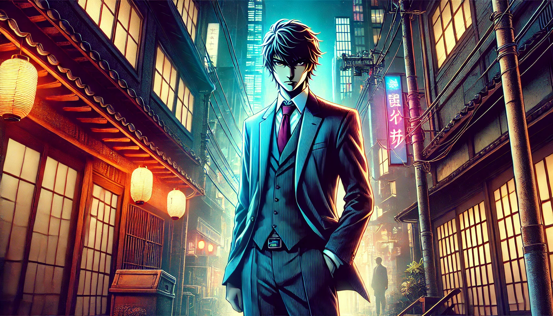 A visually stunning depiction of a Japanese character resembling a detective from a manga, standing confidently in a cityscape at dusk. The character wears a sharp suit and tie, with a mysterious yet determined expression. The background shows a vibrant urban environment, with glowing neon signs and a hint of shadowy alleys, emphasizing a suspenseful and investigative theme. The overall composition should feel cinematic and be in a horizontal format (16:9).