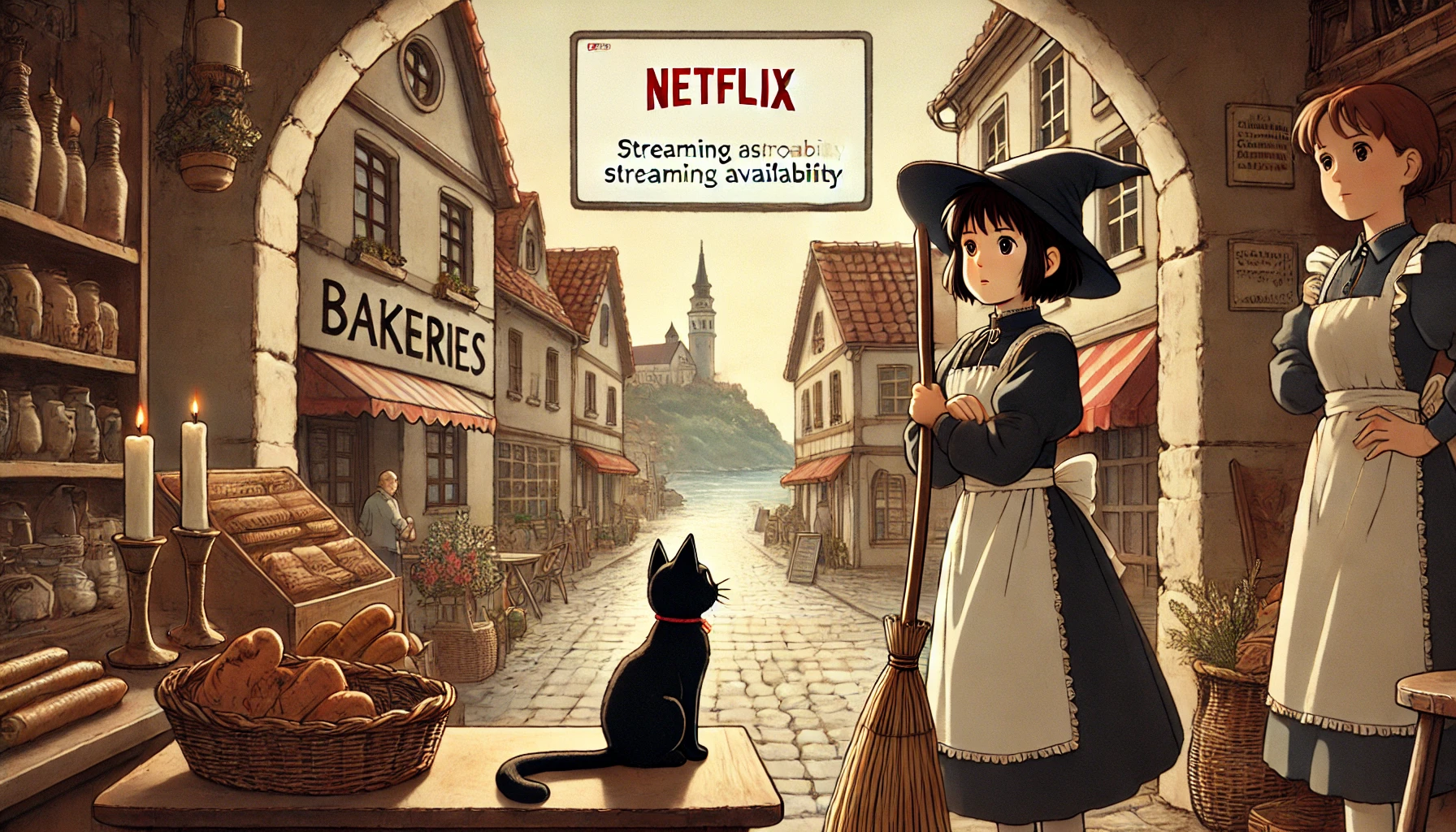 A scene depicting the absence of streaming availability for an anime movie themed around a young witch and her black cat in a European-inspired town. The image should convey a sense of curiosity and slight disappointment, showing a Japanese girl looking at a blank streaming screen, holding a broom. The atmosphere is warm yet melancholic, resembling the art style of classic Ghibli films. The setting includes cobblestone streets, bakeries, and a peaceful coastal backdrop.