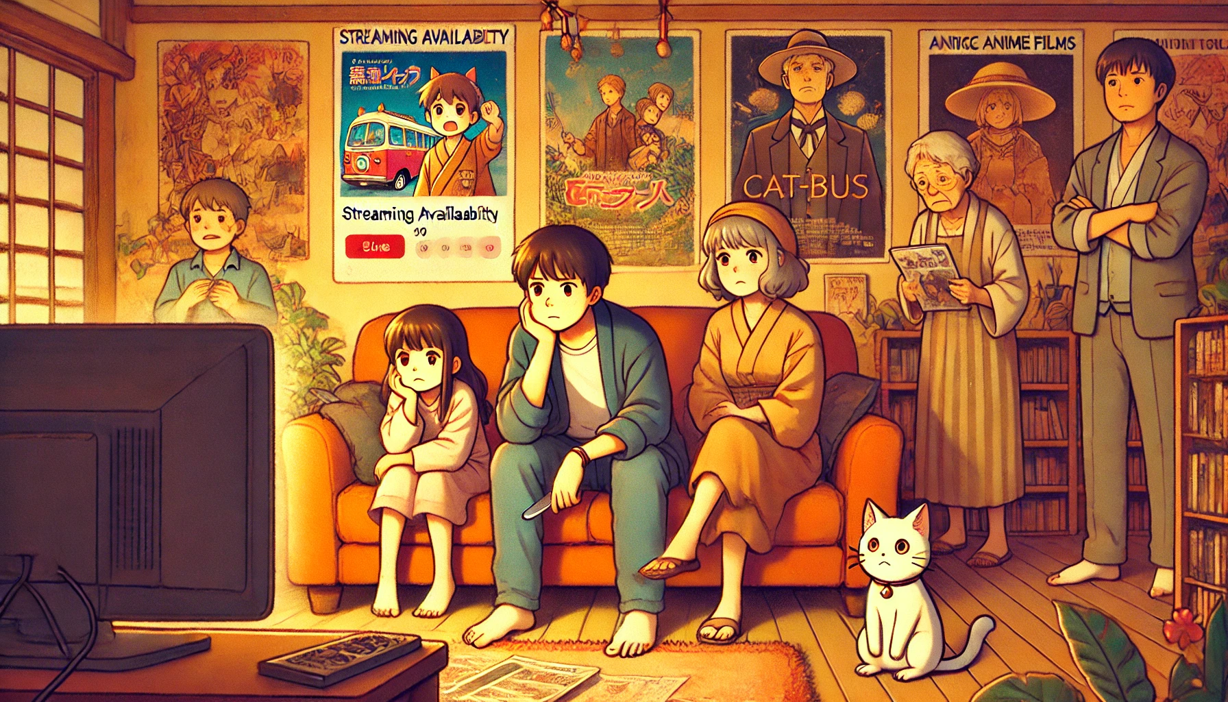 A scene depicting people frustrated by the absence of streaming availability for an anime movie themed around two young Japanese sisters and a magical cat bus. The image shows a Japanese family sitting in a cozy living room, searching for the movie on a streaming service but finding nothing. Their expressions range from disappointment to confusion. A warm and nostalgic atmosphere fills the room, with posters of classic anime films in the background.