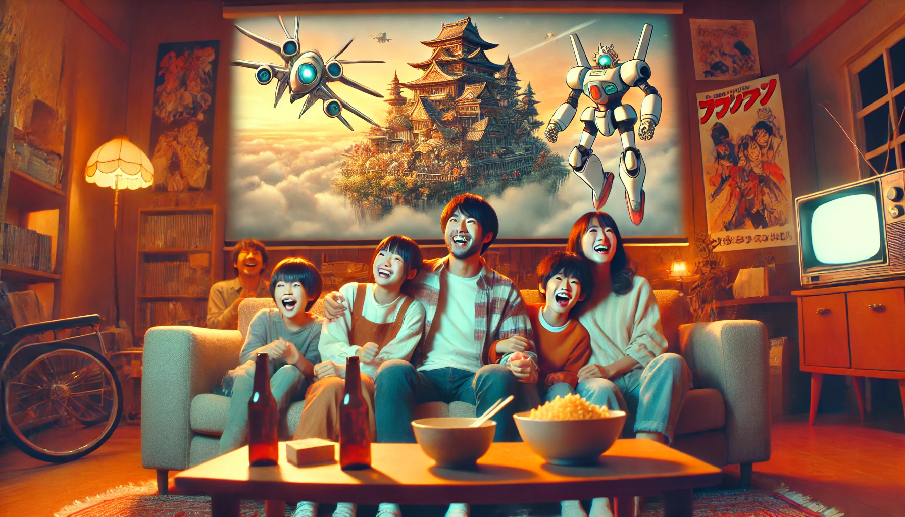 A joyful scene depicting a Japanese couple and their friends finally finding and watching an anime movie featuring a floating castle, robots, and a young boy and girl. The group is sitting on a couch in a cozy living room, smiling and celebrating as the movie plays on a large screen. The atmosphere is warm and nostalgic, with classic anime posters decorating the walls and snacks on the table.