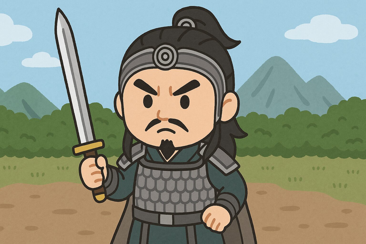 鎧を着た戦士がが剣を構えて立ち、山と森を背景に真剣な表情を浮かべているイラスト