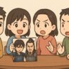 キングダムのキャラ実写化について話し合う4人の日本人ファン、テーブルにパンフレット