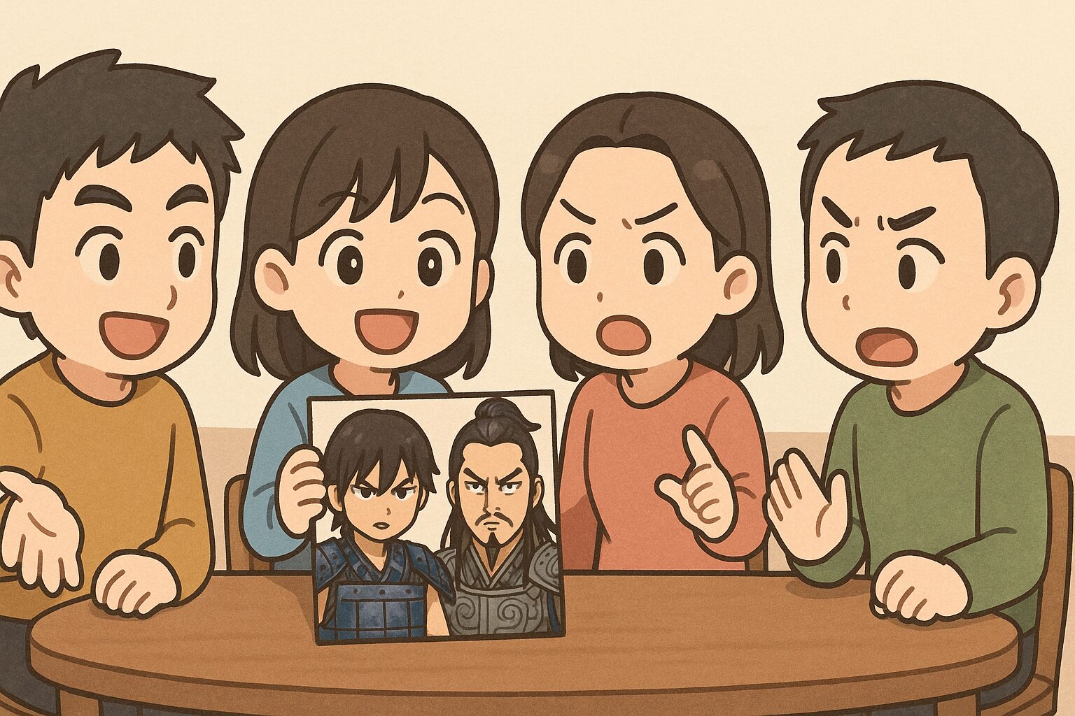 キングダムのキャラ実写化について話し合う4人の日本人ファン、テーブルにパンフレット