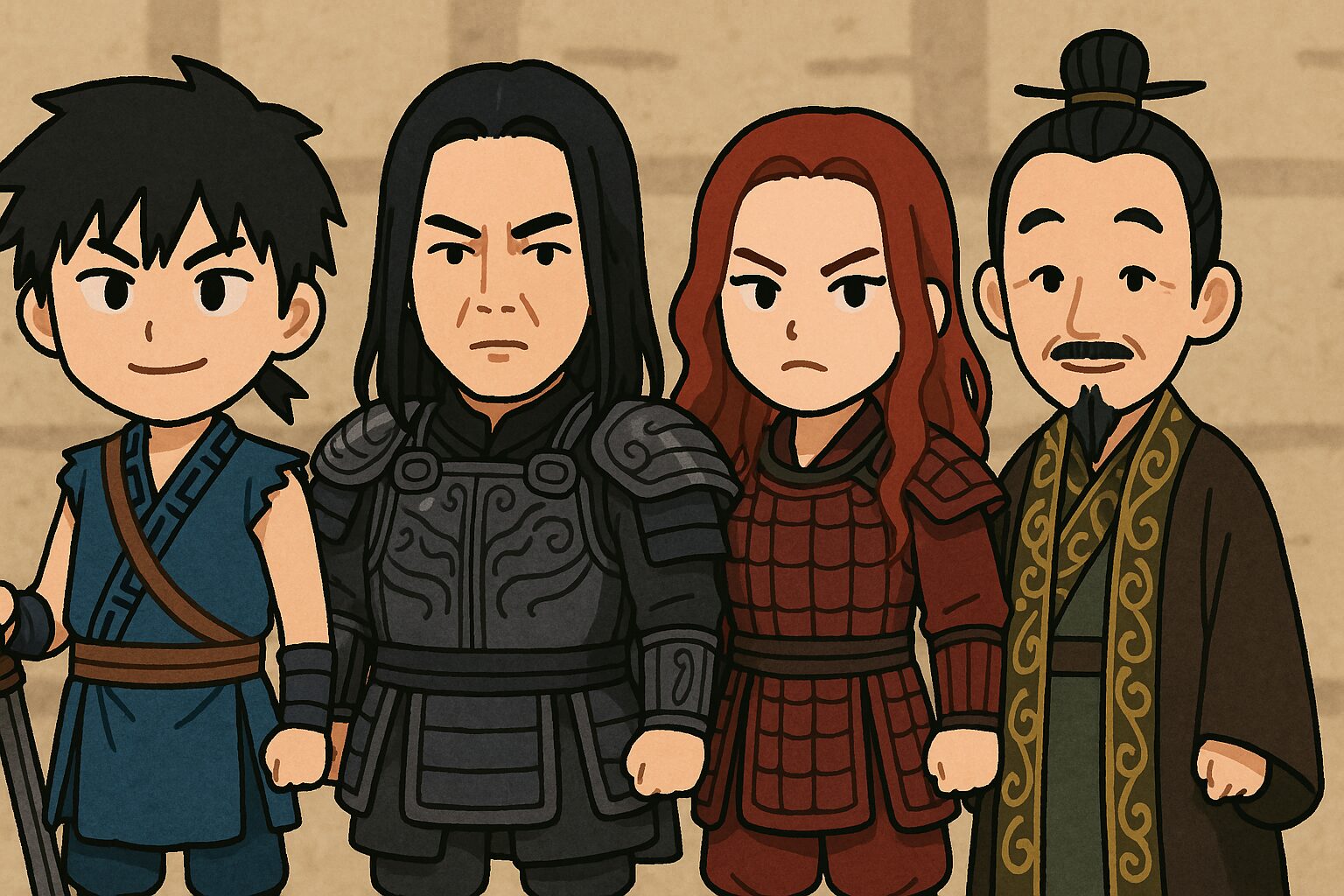 キングダムのキャラクターが実写化された際のはまり役をチビキャラ風に描いたイラスト、背景は石壁