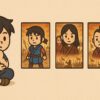 ポニーテールの少年が座って映画ポスターを見ながら考えているチビキャラ風のイラスト。