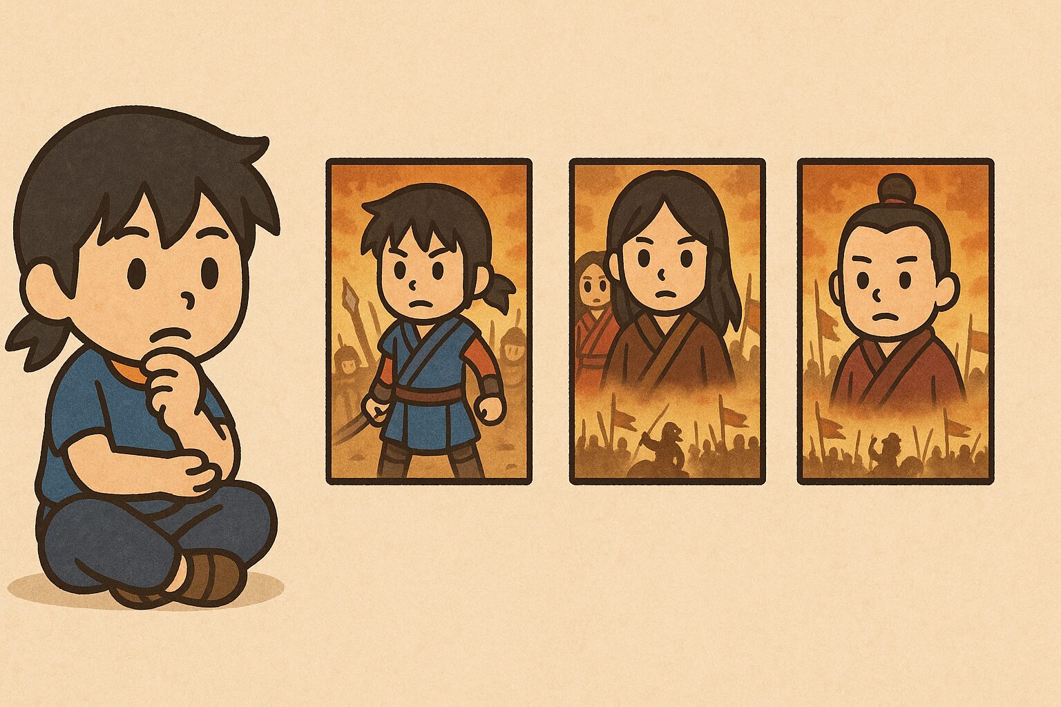 ポニーテールの少年が座って映画ポスターを見ながら考えているチビキャラ風のイラスト。
