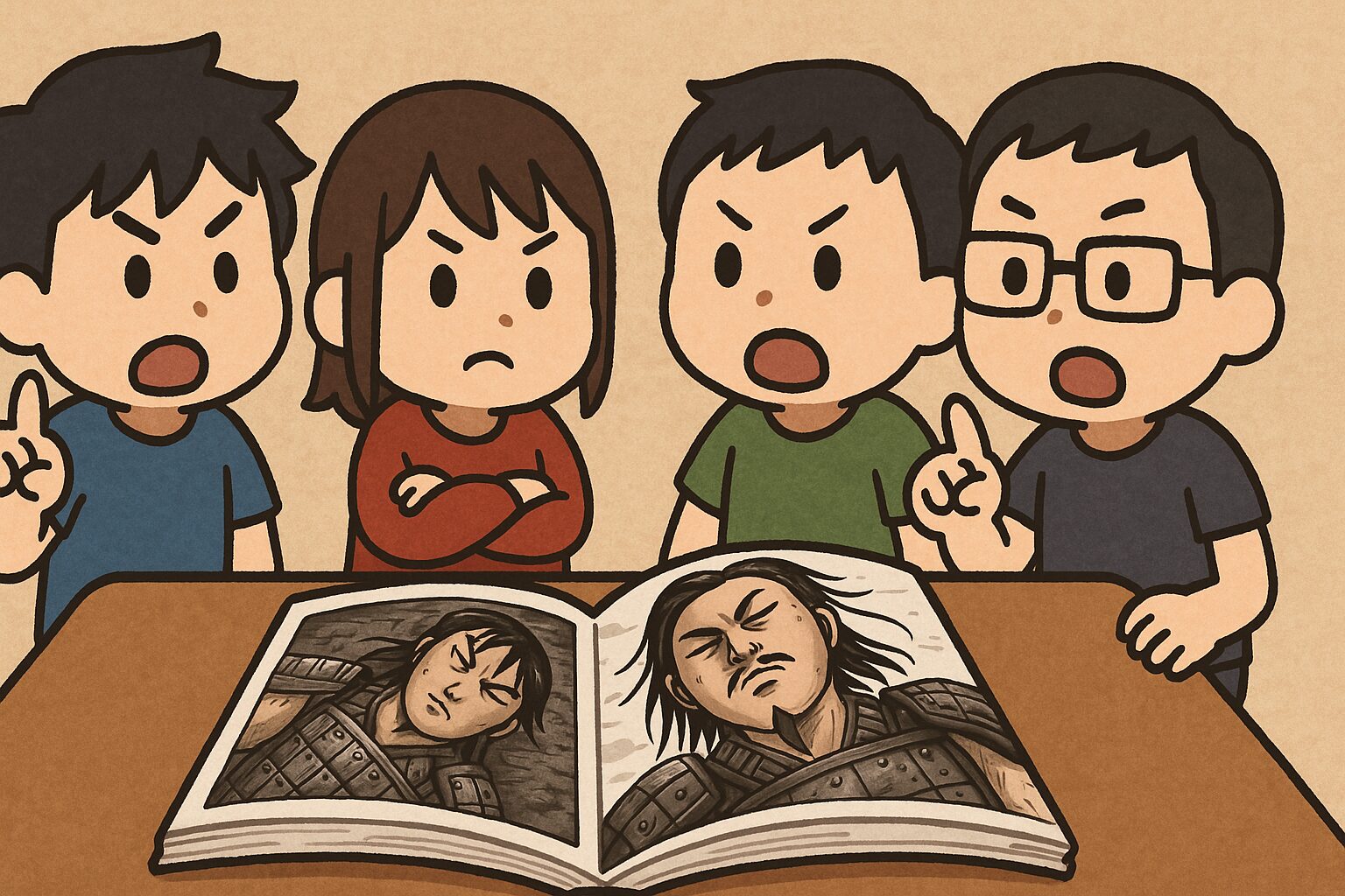 キングダムの慶舎について熱く議論する4人のファンが漫画本を囲んでいるイラスト