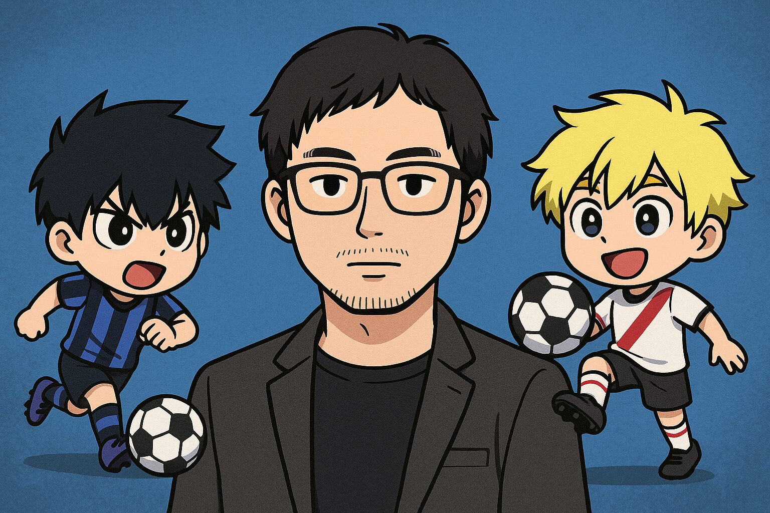 日本人の漫画家風キャラと2頭身の高校生サッカー選手が描かれた、作者の噂と誤解に関するアニメ風イラスト