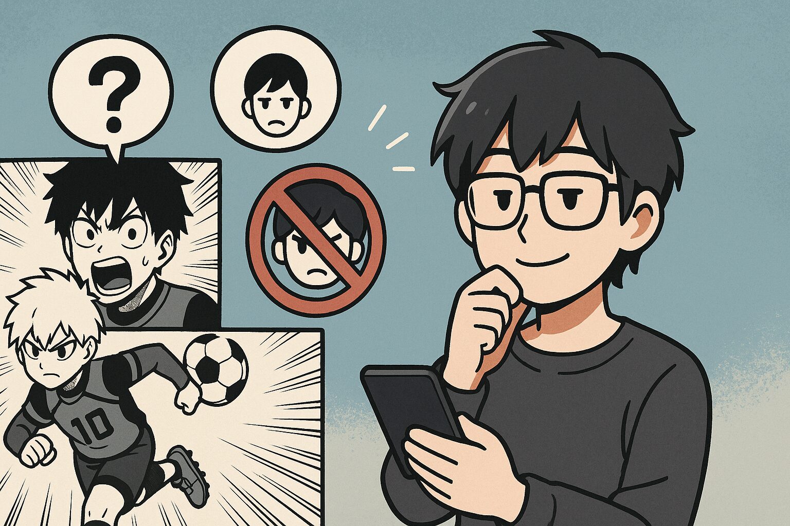 スマートフォンを見る眼鏡の日本人男性と、サッカー選手を描いた漫画パネルと噂に困惑する人物のイラスト